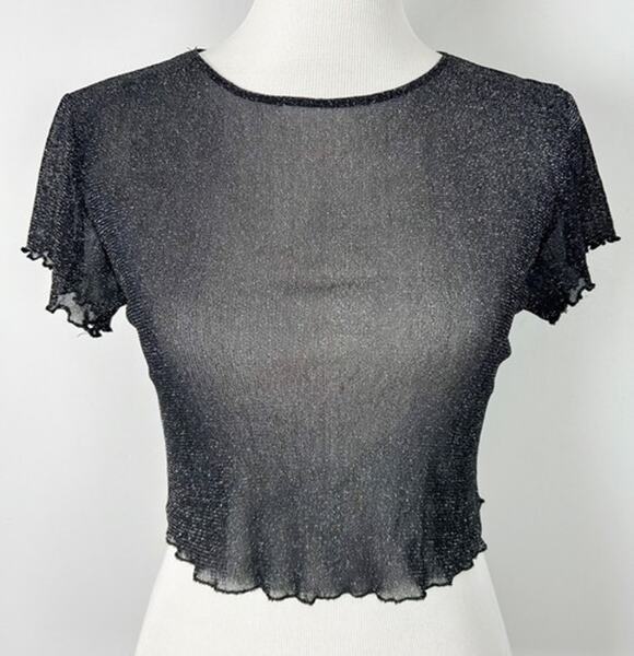 Brandy Melville Tops - Brandy Melville Glitter Crop Top sheer Y2K Silver black crop ruf Small A008809